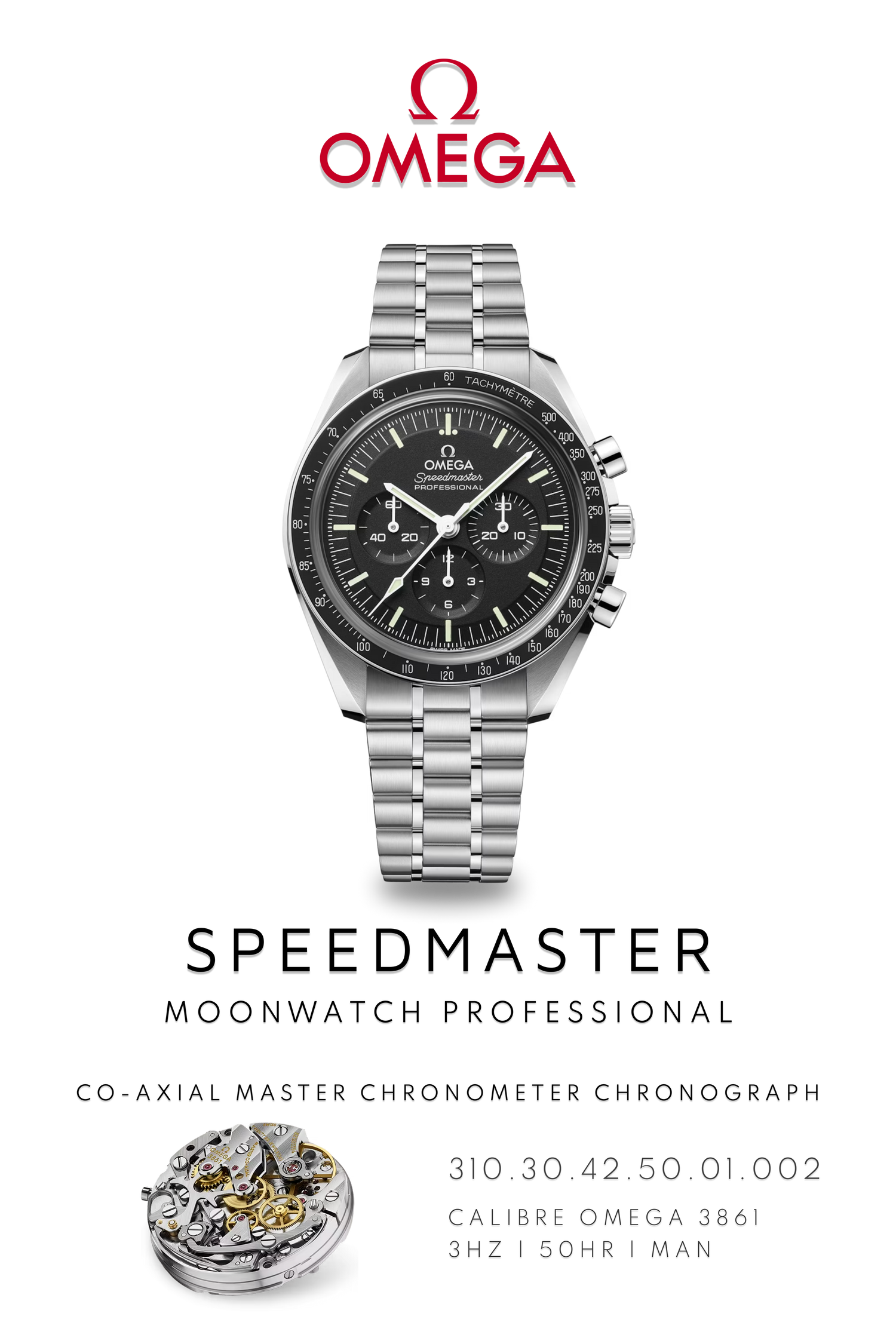 Omega Speedmaster watch poster showcasing moon landing watch and Calibre 3861 movement.