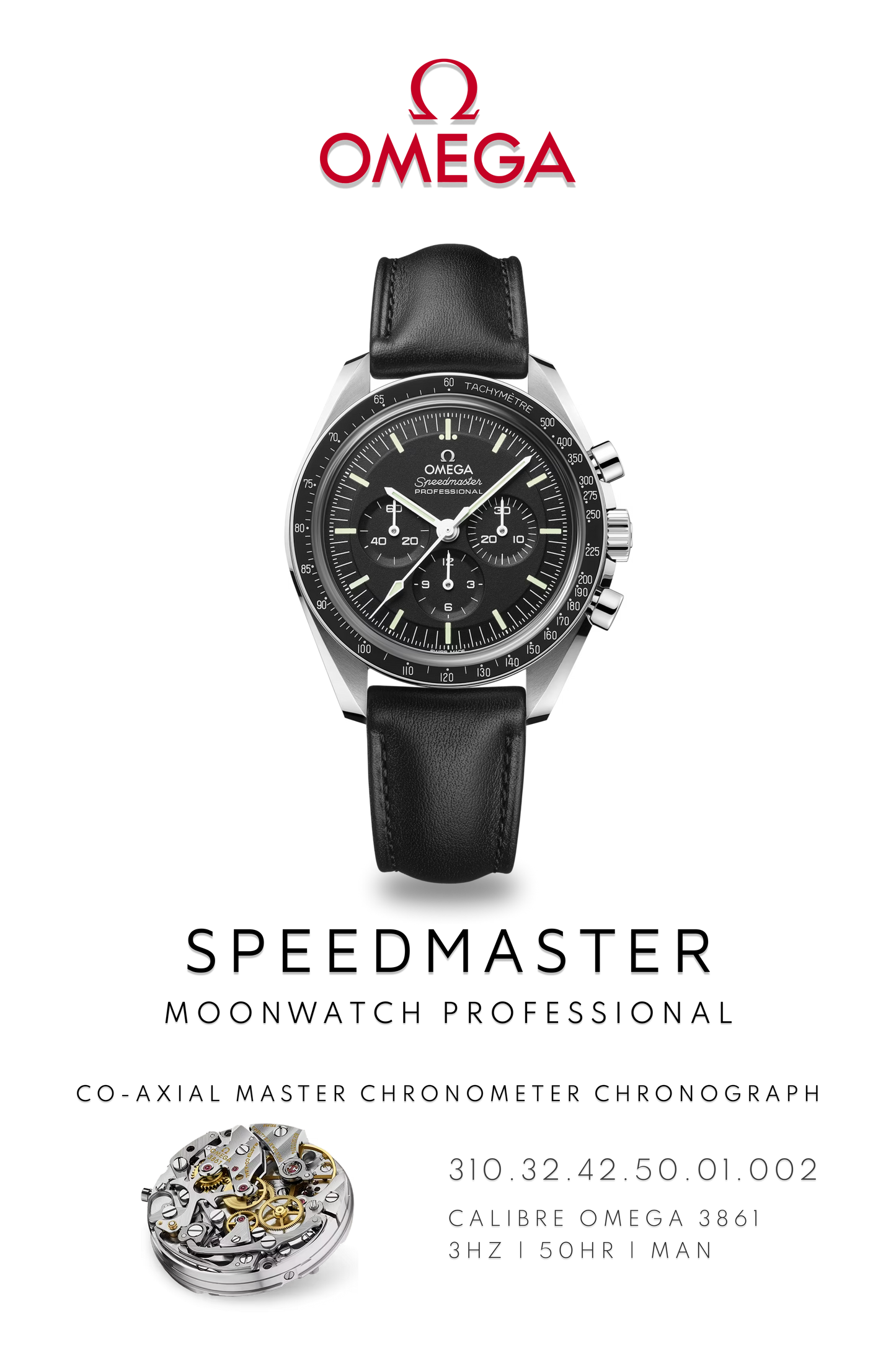 Omega Speedmaster stainless steel watch poster showcasing moon landing watch on black leather bracelet and Calibre 3861 movement.