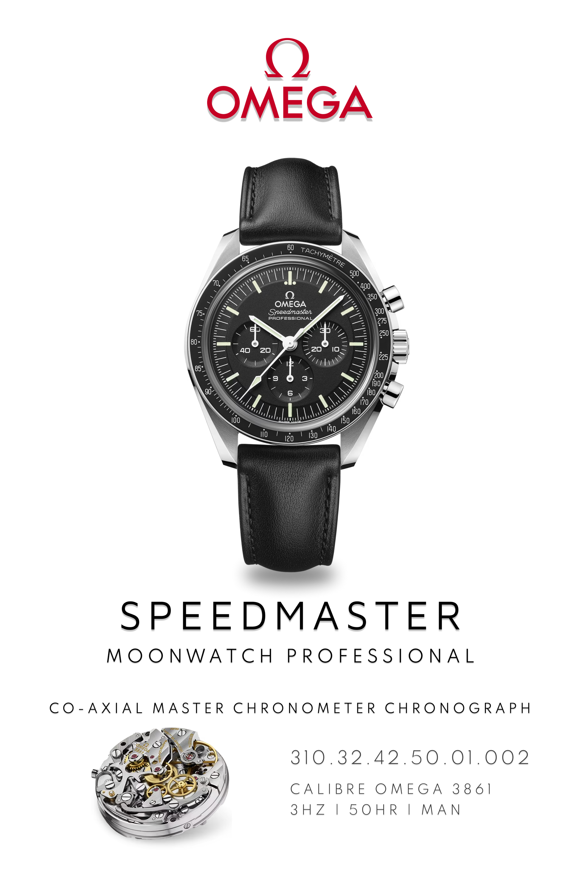 Omega Speedmaster stainless steel watch poster showcasing moon landing watch on black leather bracelet and Calibre 3861 movement.