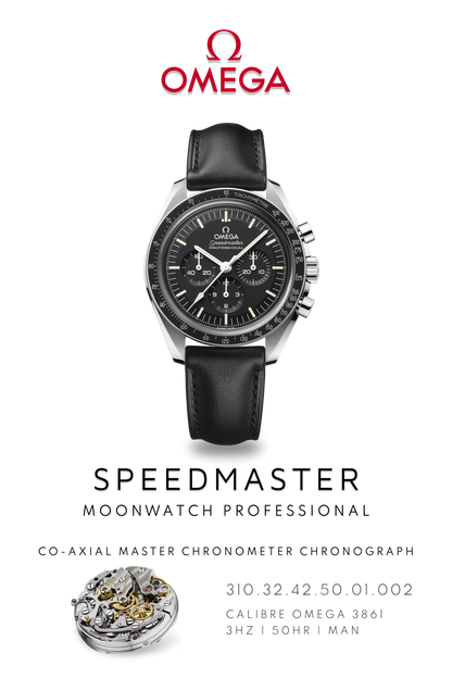 Omega Speedmaster stainless steel watch poster showcasing moon landing watch on black leather bracelet and Calibre 3861 movement.