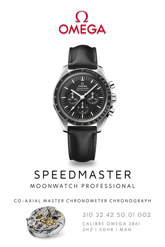 Omega Speedmaster stainless steel watch poster showcasing moon landing watch on black leather bracelet and Calibre 3861 movement.