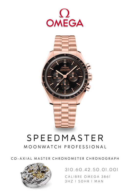 Omega Speedmaster watch poster showcasing moon landing watch in rose gold with bracelet and Calibre 3861 movement.