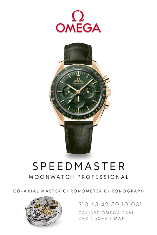 Omega Speedmaster watch poster showcasing moon landing watch in yellow gold and green leather strap steel bracelet and Calibre 3861 movement.