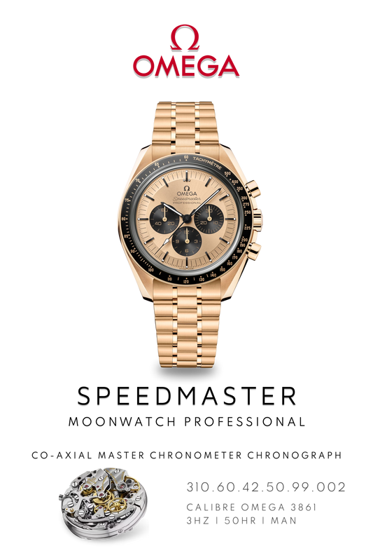 Omega Speedmaster watch poster showcasing yellow gold moon landing watch on gold bracelet and Calibre 3861 movement.