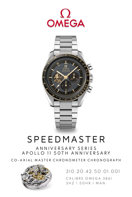 Omega Speedmaster poster shows Apollo 11 1969 moon landing anniversary watch in stainless steel