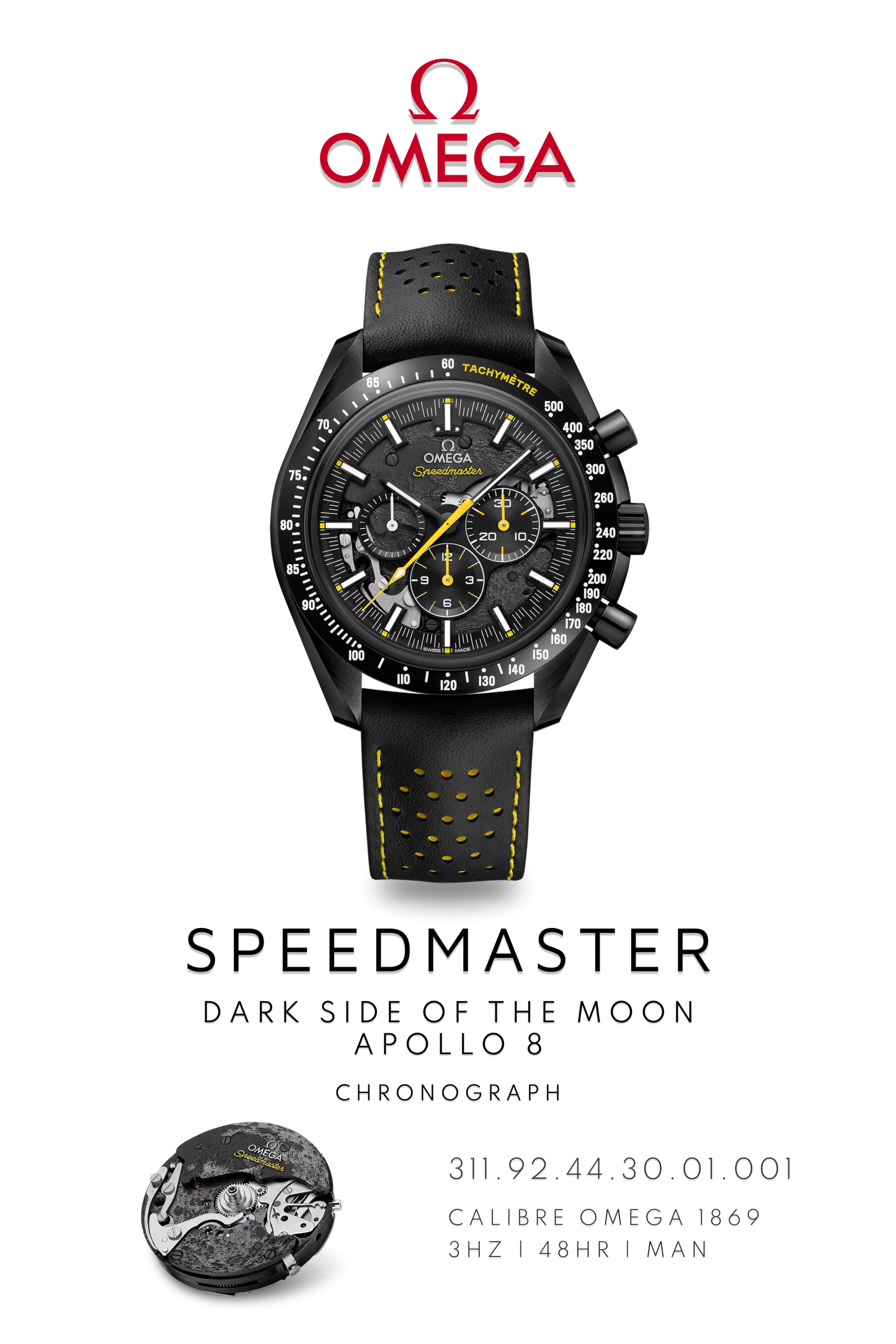 Black and yellow limited edition Omega Speedmaster poster featuring calibre 1869 movement  