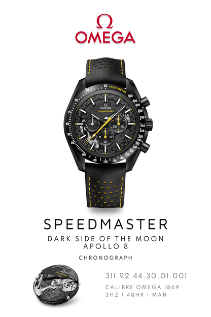 Black and yellow limited edition Omega Speedmaster poster featuring calibre 1869 movement  