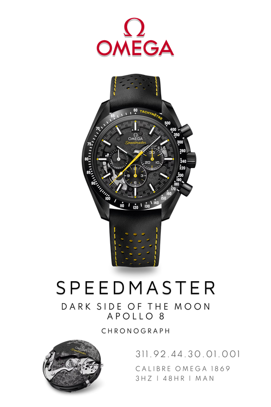 Black and yellow limited edition Omega Speedmaster poster featuring calibre 1869 movement  