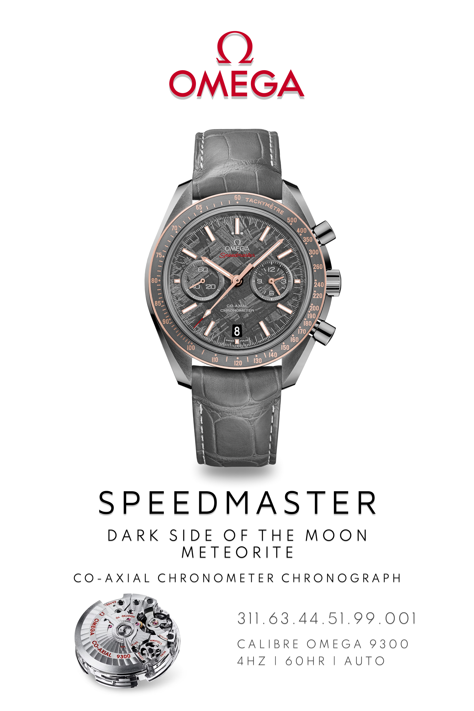 Grey Omega Speedmaster Apollo 8 poster with extra-terrestrial acid etch meteorite face and showcasing calibre 9300 movement.