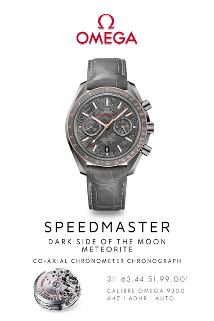 Grey Omega Speedmaster Apollo 8 poster with extra-terrestrial acid etch meteorite face and showcasing calibre 9300 movement.