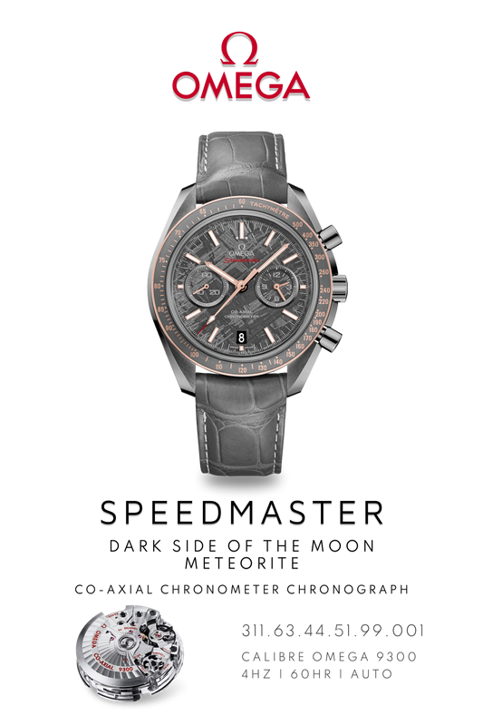 Grey Omega Speedmaster Apollo 8 poster with extra-terrestrial acid etch meteorite face and showcasing calibre 9300 movement.