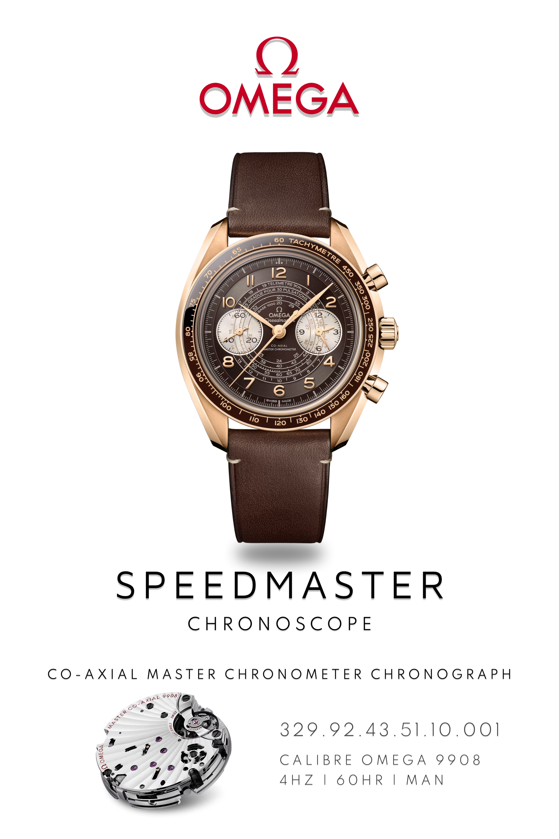 Bronze Omega Speedmaster Chronoscope watch on brown leather strap. Display shows dual chronograph dials. Logo at the top and movement calibre 9908 details on bottom.