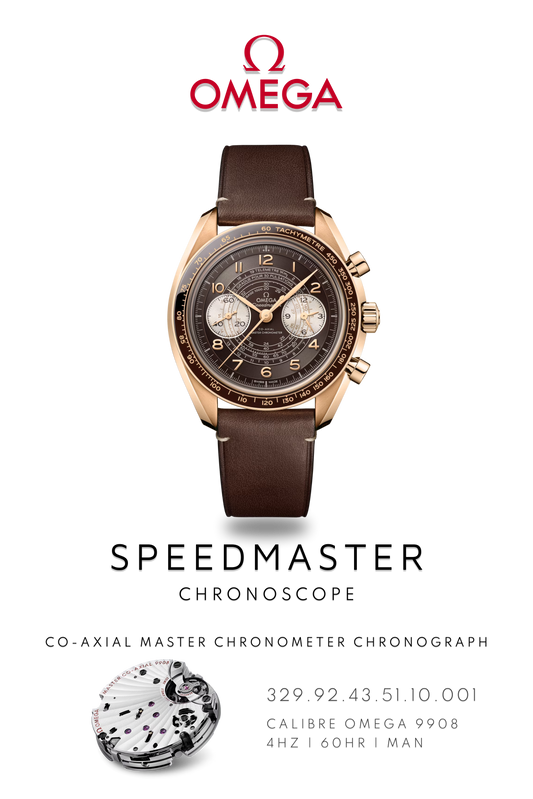 Bronze Omega Speedmaster Chronoscope watch on brown leather strap. Display shows dual chronograph dials. Logo at the top and movement calibre 9908 details on bottom.