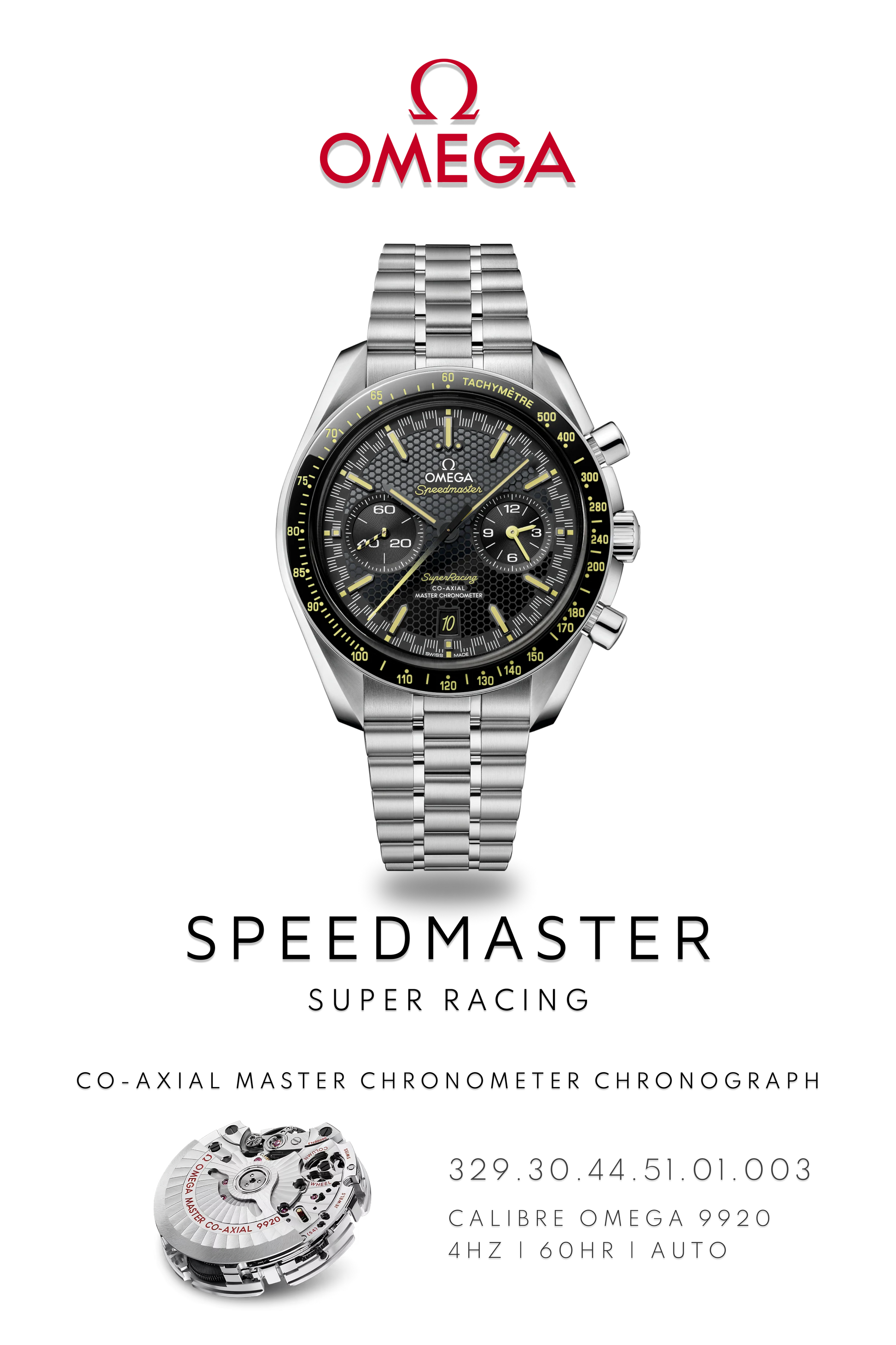 Stainless Steel Omega Speedmaster Super Racing watch on steel metal bracelet. Poster shows dual chronograph dials on black face. Logo at the top and movement calibre 9920 details on bottom.