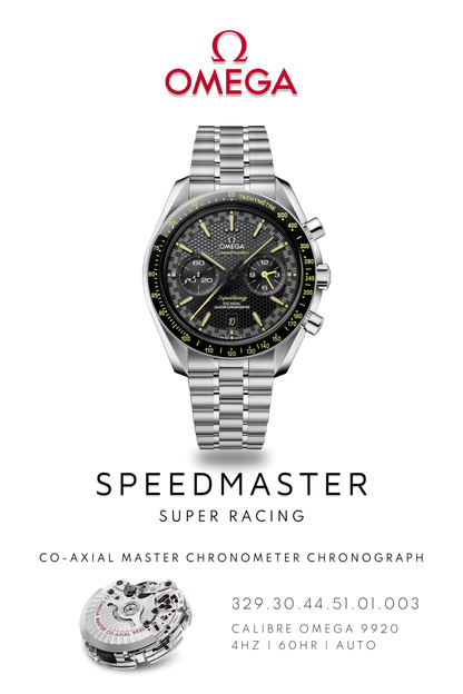 Stainless Steel Omega Speedmaster Super Racing watch on steel metal bracelet. Poster shows dual chronograph dials on black face. Logo at the top and movement calibre 9920 details on bottom.