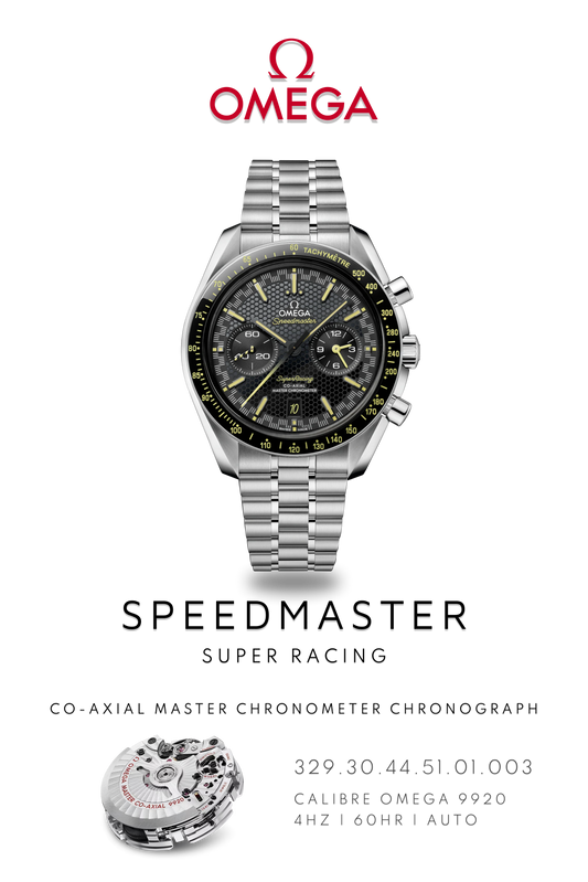 Stainless Steel Omega Speedmaster Super Racing watch on steel metal bracelet. Poster shows dual chronograph dials on black face. Logo at the top and movement calibre 9920 details on bottom.