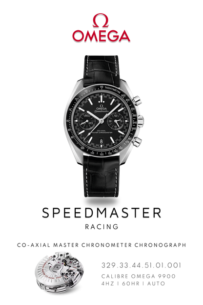 Stainless Steel Omega Speedmaster Racing watch on black leather strap. Poster shows dual chronograph dials. Logo at the top and movement calibre 9900 details on bottom.