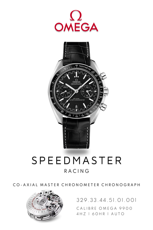 Stainless Steel Omega Speedmaster Racing watch on black leather strap. Poster shows dual chronograph dials. Logo at the top and movement calibre 9900 details on bottom.