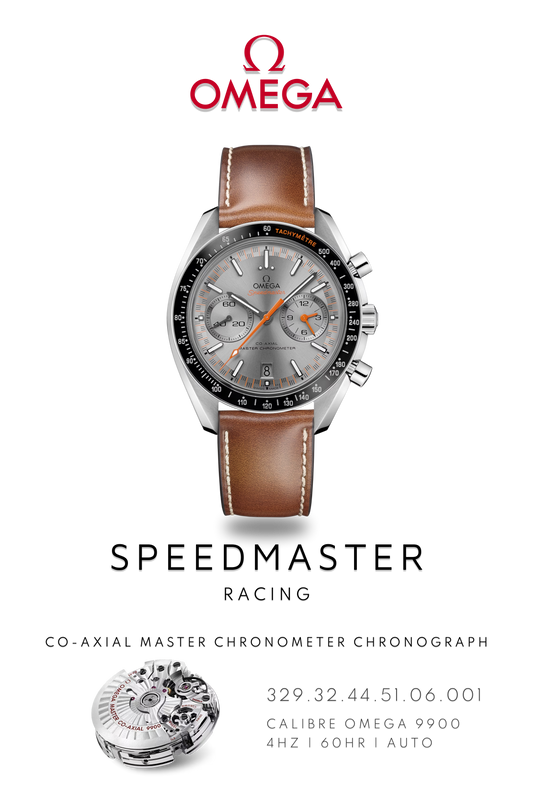 Stainless Steel Omega Speedmaster Racing watch on brown leather bracelet. Poster shows dual chronograph dials. Logo at the top and movement calibre 9900 details on bottom.