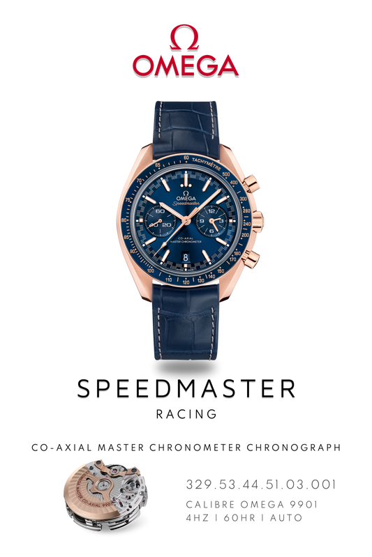 Rose Gold Omega Speedmaster Racing watch on blue leather strap. Poster shows dual chronograph dials on blue face. Logo at the top and movement calibre 9900 details on bottom.