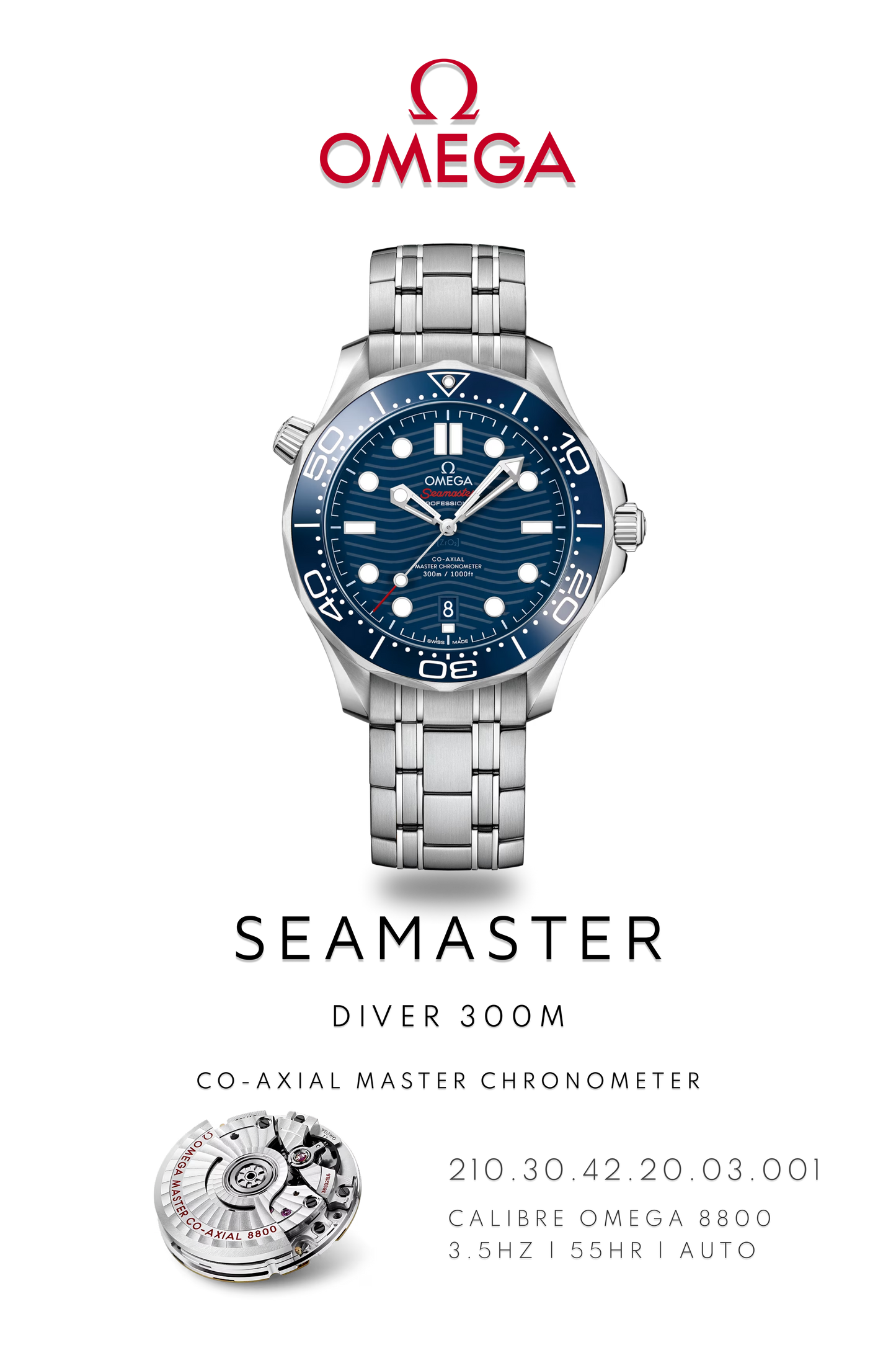 Omega Seamaster Diver 300M watch with a blue face and stainless steel bracelet. Watch Poster shows mechanical movement and watch details