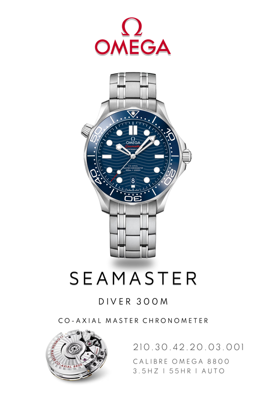 Omega Seamaster Diver 300M watch with a blue face and stainless steel bracelet. Watch Poster shows mechanical movement and watch details