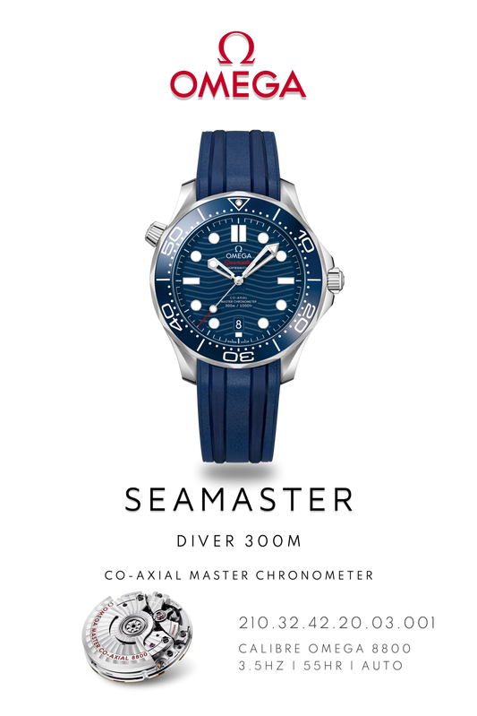 Omega Seamaster Diver 300M watch with a blue face and rubber strap. Watch Poster shows mechanical movement 8800 calibre and watch details