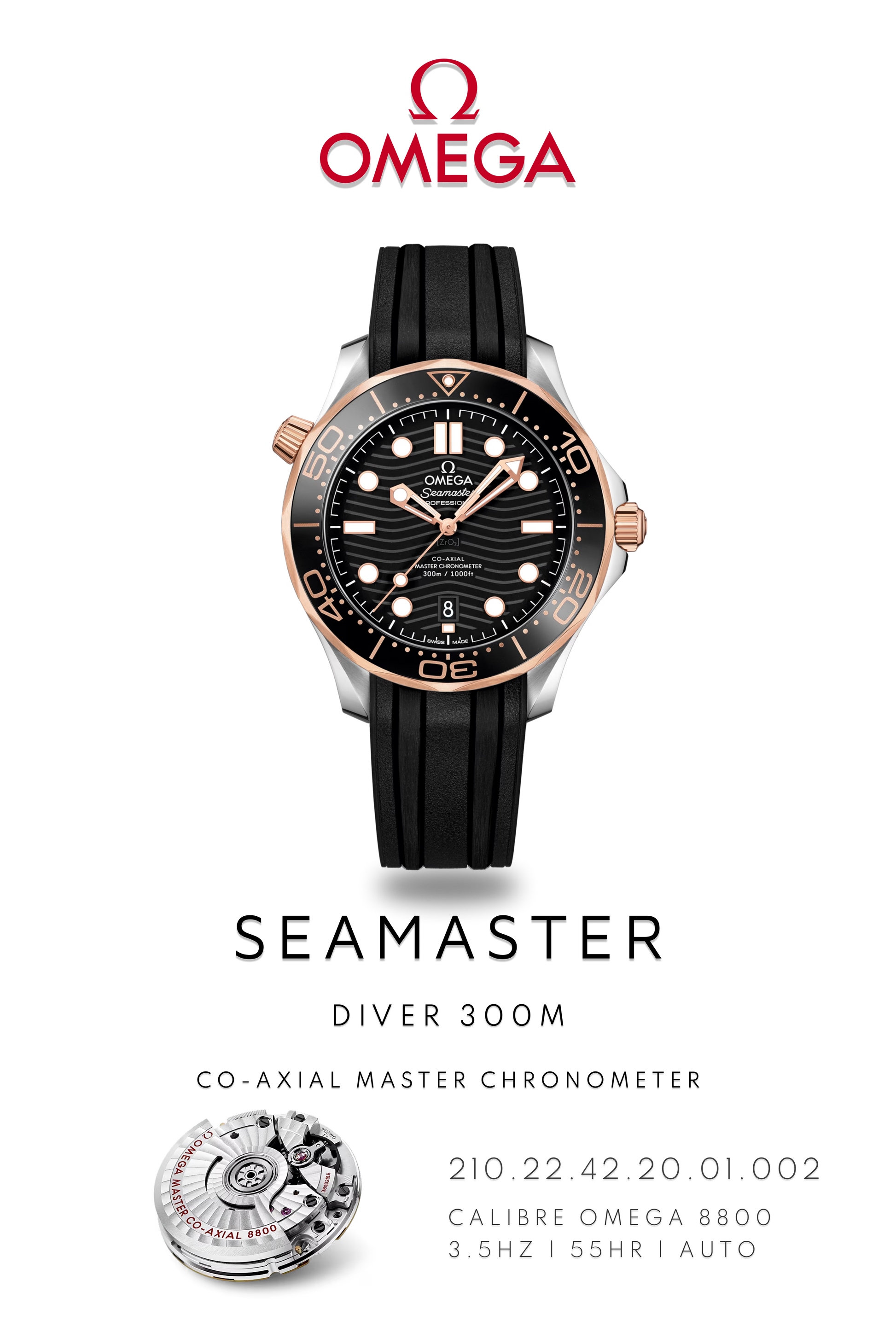 Omega Seamaster Diver 300M watch in gold and stainless steel with a rubber bracelet. Watch Poster shows mechanical movement and watch details