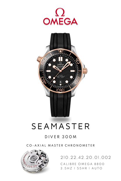 Omega Seamaster Diver 300M watch in gold and stainless steel with a rubber bracelet. Watch Poster shows mechanical movement and watch details