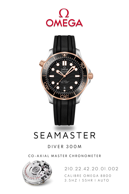 Omega Seamaster Diver 300M watch in gold and stainless steel with a rubber bracelet. Watch Poster shows mechanical movement and watch details