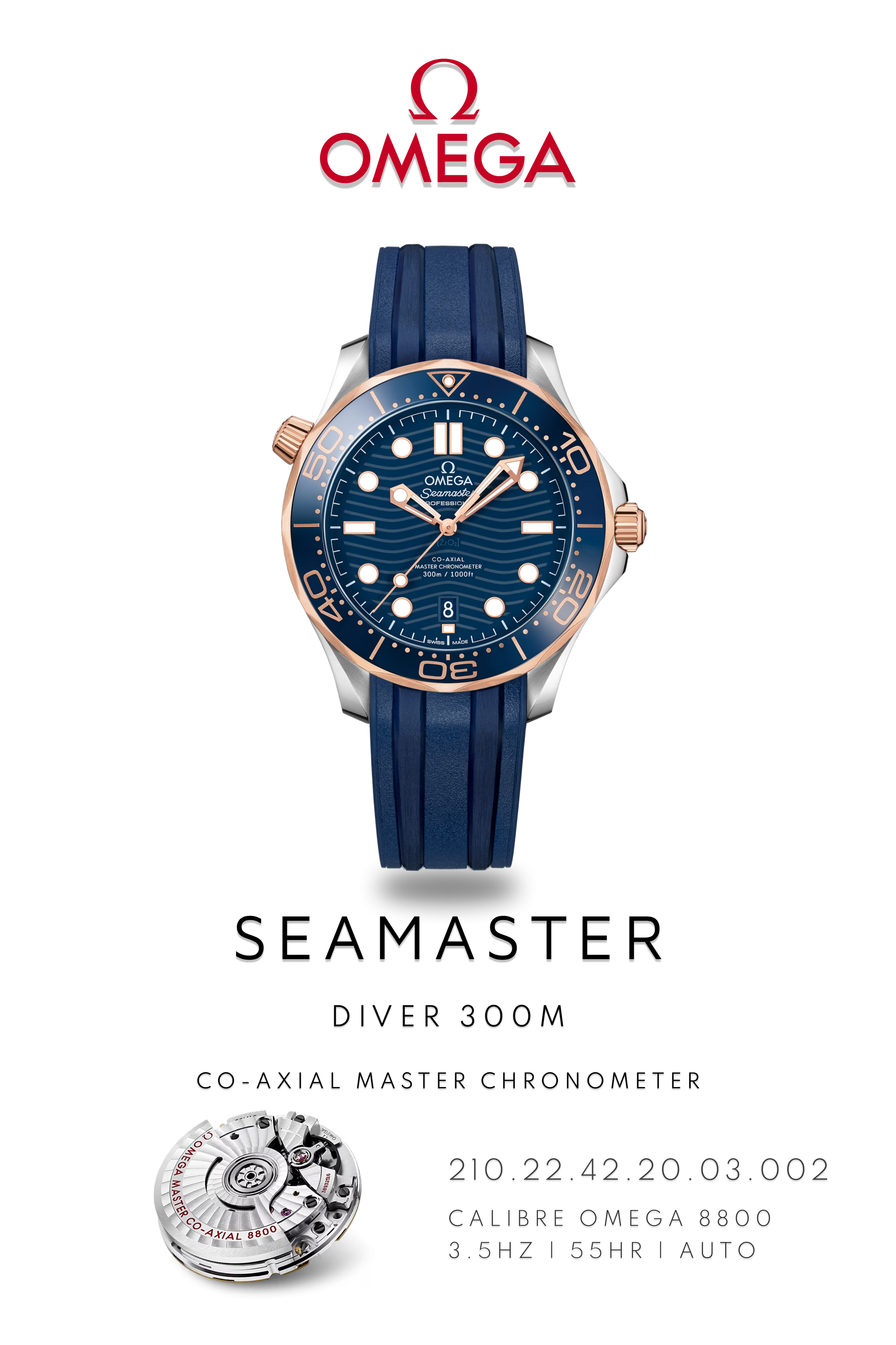 Omega Seamaster Diver 300M watch gold and stainless steel with rubber bracelet. Watch Poster shows mechanical movement calibre 8800 and watch details