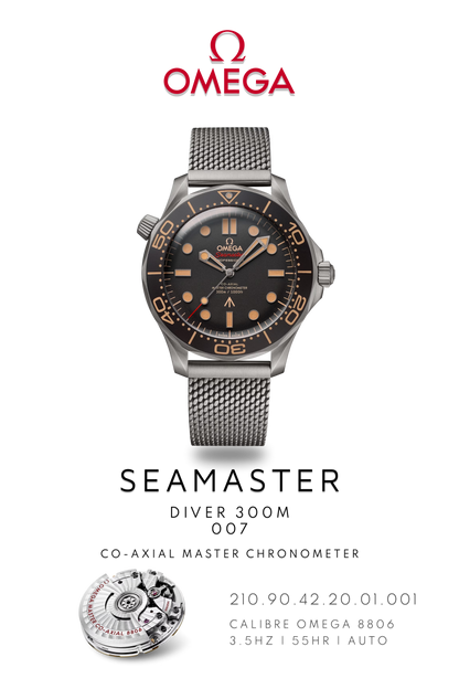 Omega Seamaster Diver 300M watch in  titanium on metal bracelet. Watch Poster shows mechanical movement calibre 8806 and watch details