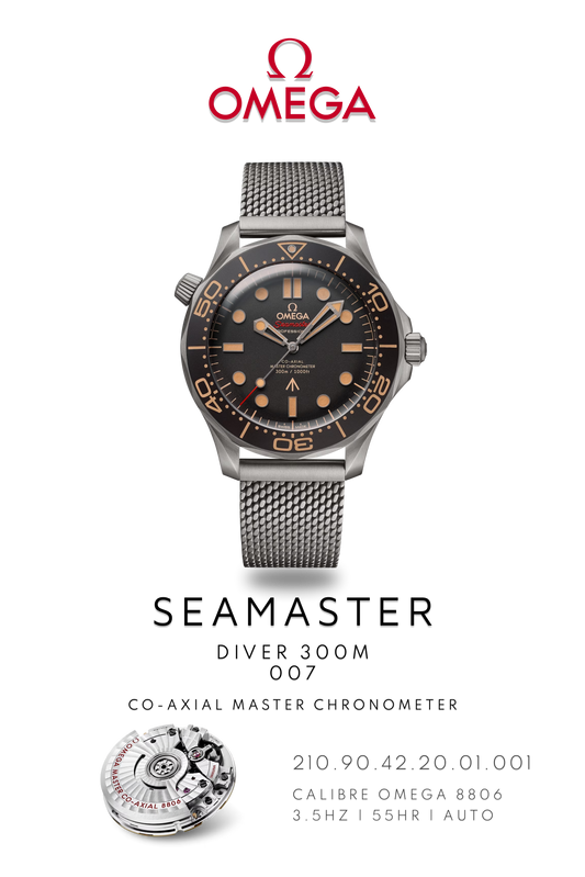 Omega Seamaster Diver 300M watch in  titanium on metal bracelet. Watch Poster shows mechanical movement calibre 8806 and watch details