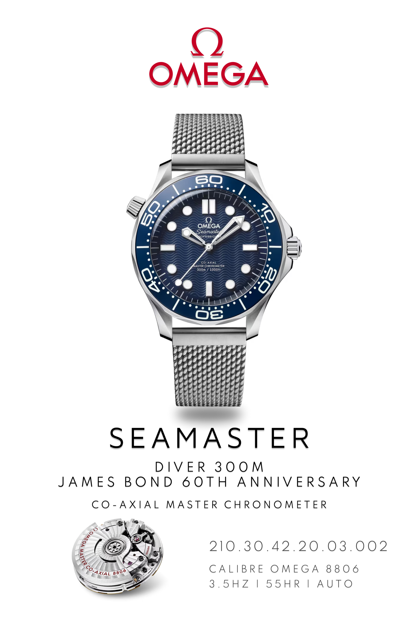 Omega Seamaster Diver 300M watch in  Stainless steel with blue dial on metal bracelet. Watch Poster shows mechanical movement calibre 8806 and watch details