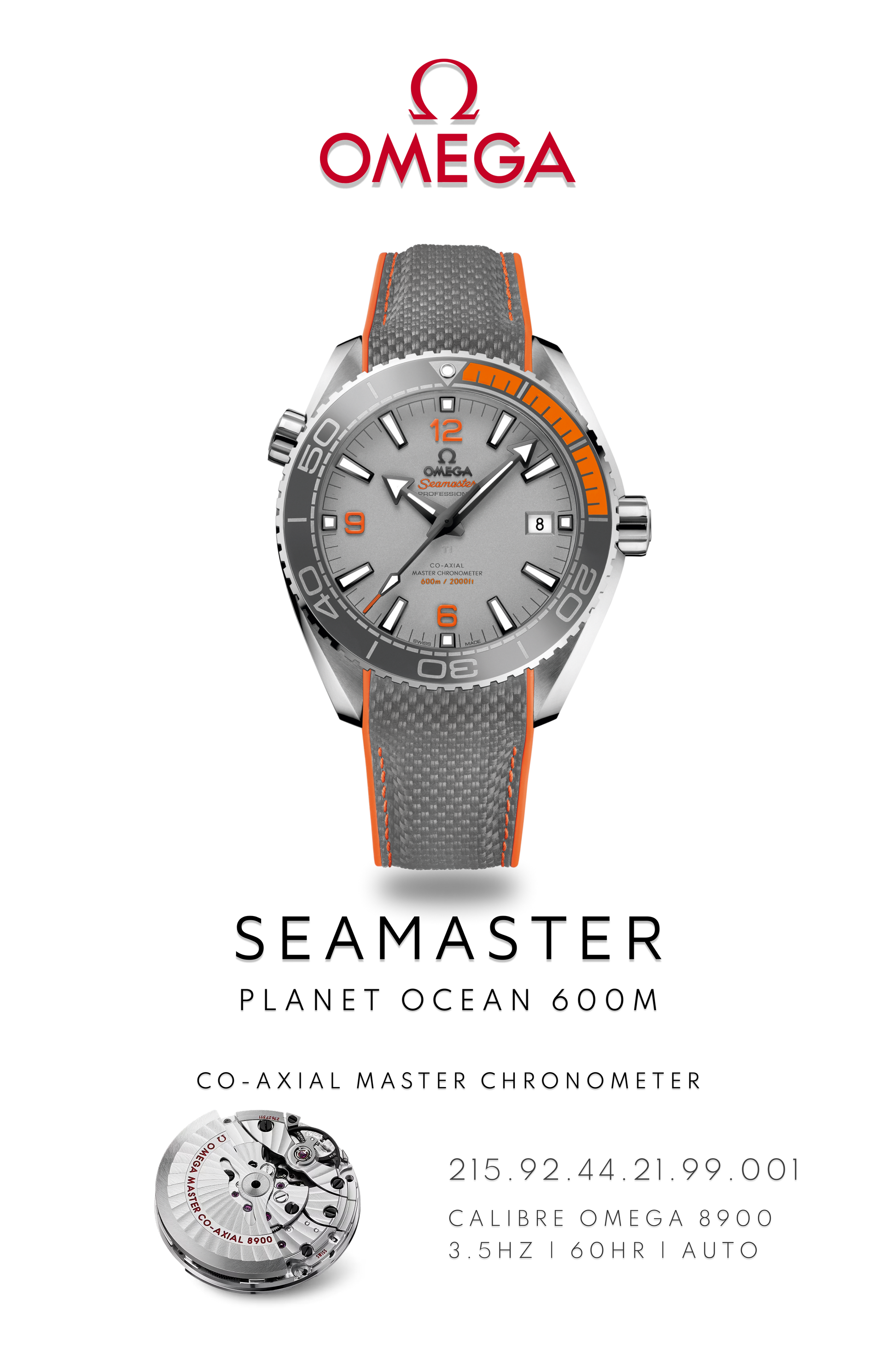 Omega Seamaster Planet Ocean 600M watch in titanium with a grey face on a grey and orange Strap. Watch Poster shows mechanical movement calibre 8900 and watch details