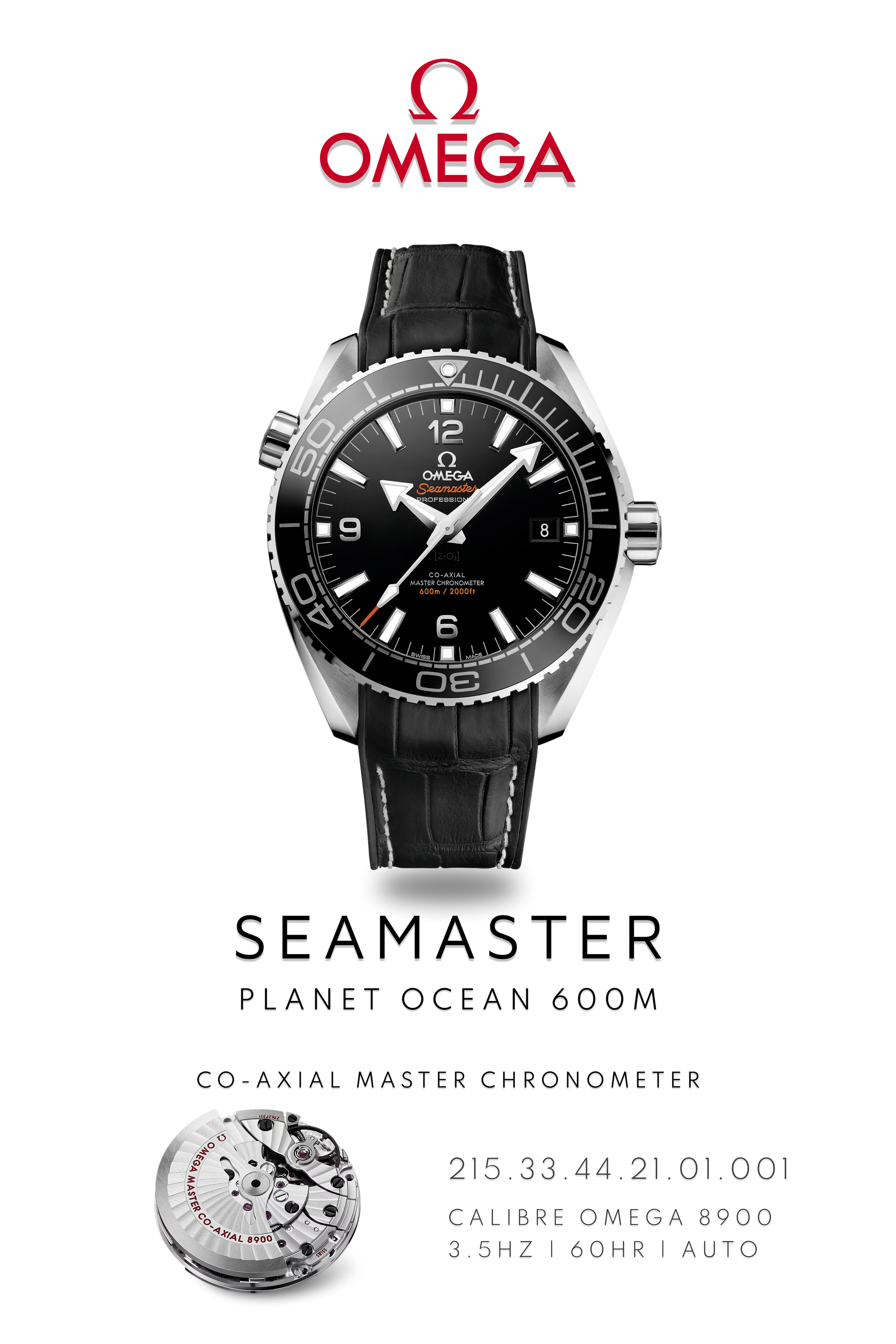 Omega Seamaster Planet Ocean 600M watch in stainless steel with a black face on a black leather strap. Watch Poster shows mechanical movement calibre 8900 and watch details