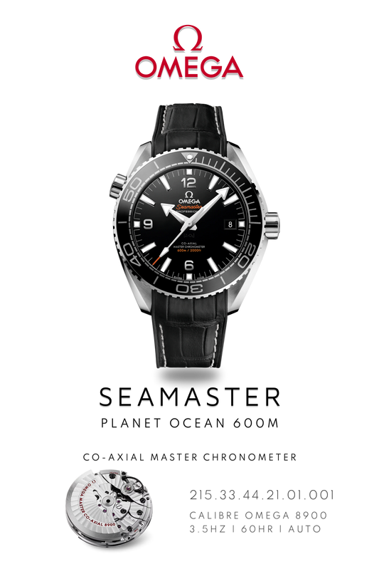 Omega Seamaster Planet Ocean 600M watch in stainless steel with a black face on a black leather strap. Watch Poster shows mechanical movement calibre 8900 and watch details