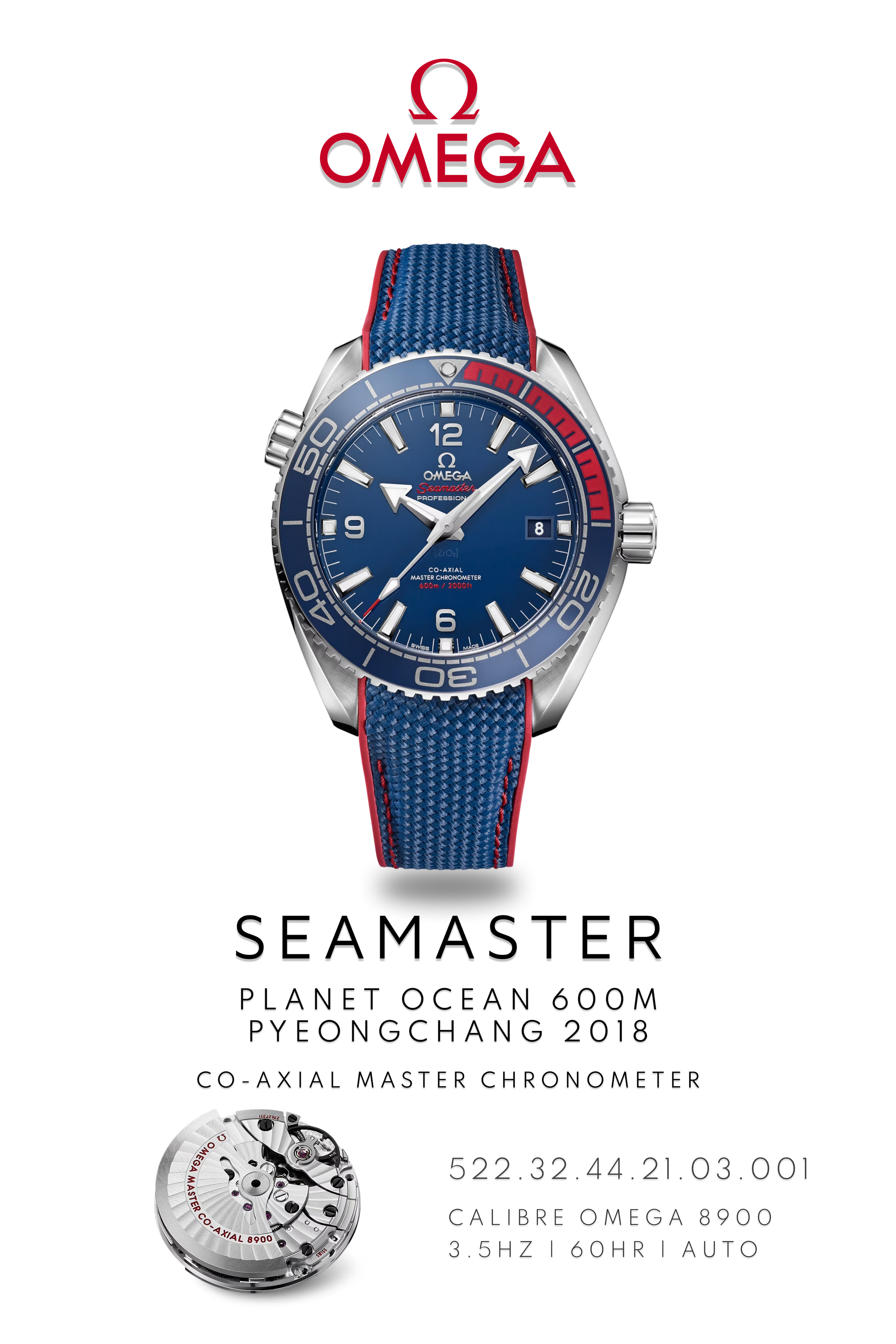 Omega Seamaster Planet Ocean 600M Olympic watch in stainless steel with a blue face on a blue and red strap. Watch Poster shows mechanical movement calibre 8900 and watch details