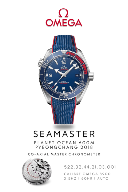 Omega Seamaster Planet Ocean 600M Olympic watch in stainless steel with a blue face on a blue and red strap. Watch Poster shows mechanical movement calibre 8900 and watch details