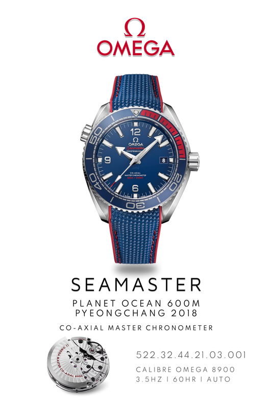 Omega Seamaster Planet Ocean 600M Olympic watch in stainless steel with a blue face on a blue and red strap. Watch Poster shows mechanical movement calibre 8900 and watch details