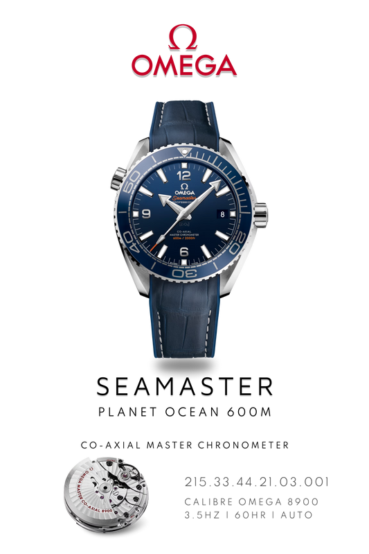 Omega Seamaster Planet Ocean 600M watch in stainless steel with a blue face on a blue leather strap. Watch Poster shows mechanical movement calibre 8900 and watch details