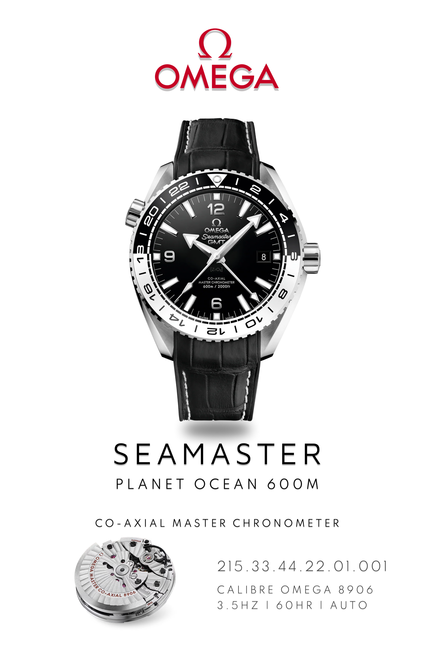 Omega Seamaster Planet Ocean 600M GMT watch in steel with a black face and black bezel on a black leather strap. Watch Poster shows mechanical movement calibre 8906 and watch details