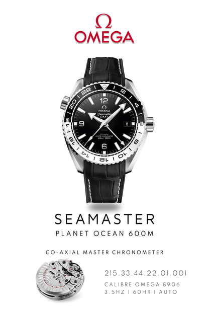 Omega Seamaster Planet Ocean 600M GMT watch in steel with a black face and black bezel on a black leather strap. Watch Poster shows mechanical movement calibre 8906 and watch details