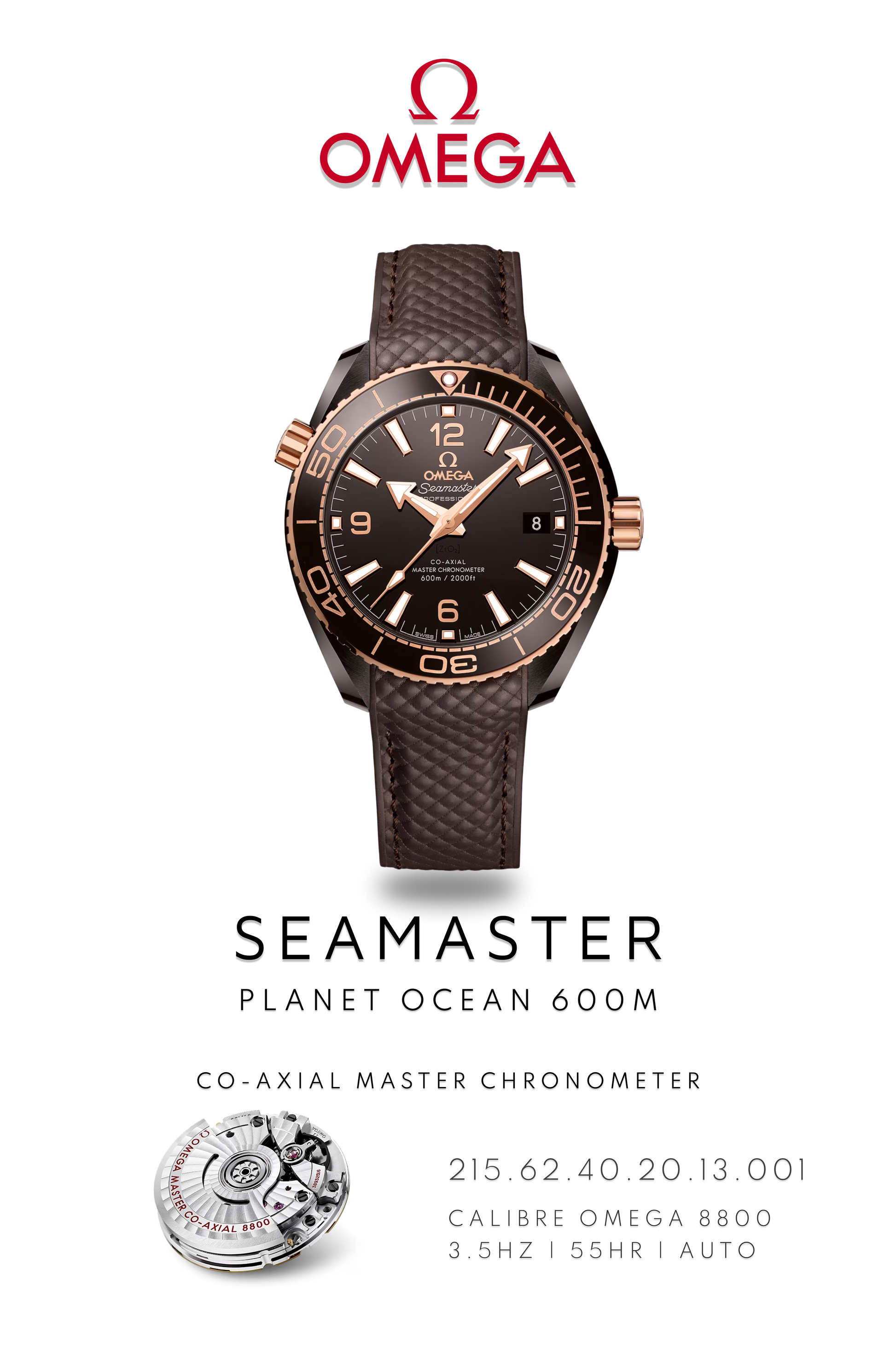 Omega Seamaster Planet Ocean 600M watch in gold and bronze with a brown face on a brown leather Strap. Watch Poster shows mechanical movement calibre 8800 and watch details