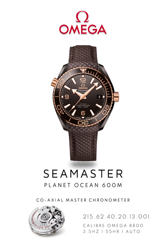 Omega Seamaster Planet Ocean 600M watch in gold and bronze with a brown face on a brown leather Strap. Watch Poster shows mechanical movement calibre 8800 and watch details