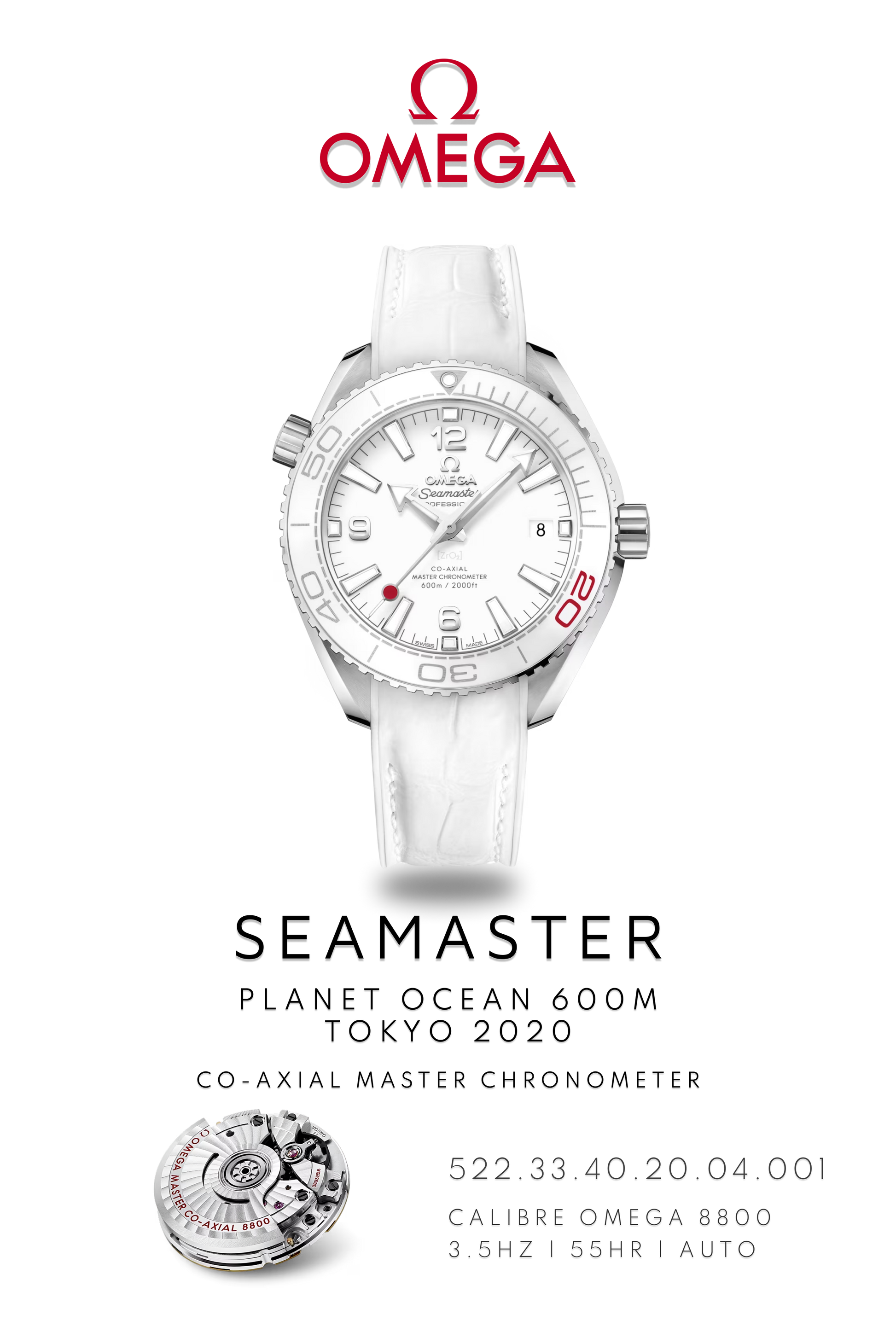 Omega Seamaster Planet Ocean 600M Olympic watch in stainless steel with a white face on a white leather strap. Watch Poster shows mechanical movement calibre 8800 and watch details