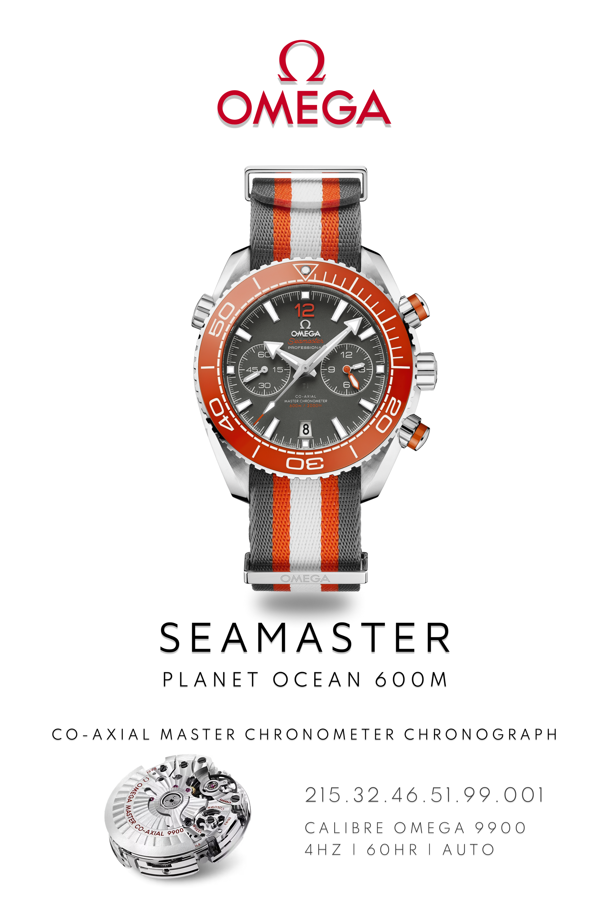 Omega Seamaster Planet Ocean 600M watch in stainless steel with a grey face on a grey and orange Strap. Watch Poster shows mechanical movement calibre 9900 and watch details