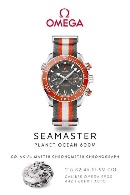 Omega Seamaster Planet Ocean 600M watch in stainless steel with a grey face on a grey and orange Strap. Watch Poster shows mechanical movement calibre 9900 and watch details