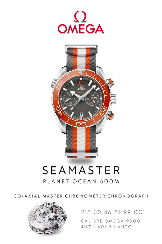 Omega Seamaster Planet Ocean 600M watch in stainless steel with a grey face on a grey and orange Strap. Watch Poster shows mechanical movement calibre 9900 and watch details