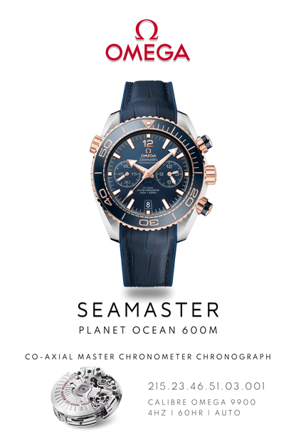 Omega Seamaster Planet Ocean 600M watch in stainless steel and gold with blue face on a blue leather trap. Watch Poster shows mechanical movement calibre 9900 and watch details